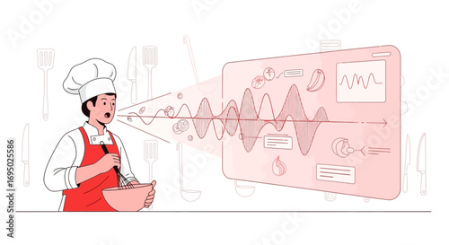 Chef using voice command technology for recipe guidance in a modern kitchen setting