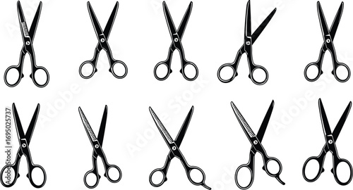 A collection of open and closed scissors displayed against a white background, perfect for design projects and illustrating cutting actions
