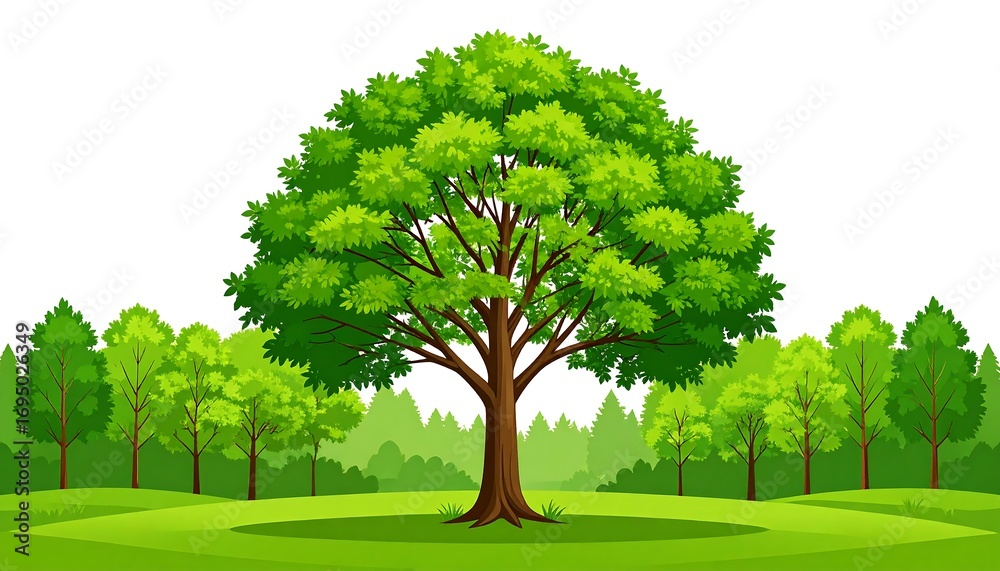 Obraz premium Lush green tree in a grassy field surrounded by a forest