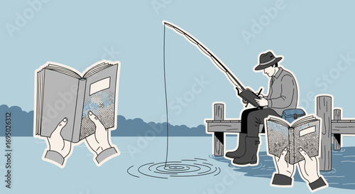 Conceptual illustration of a man fishing while writing and hands holding a book near water