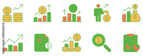 WebDynamic collection of financial growth icons depicting rising charts, money bags, stacked coins, and performance analytics for business success and investment planning