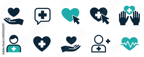 WebEssential healthcare icons symbolizing care, connection, and well-being for medical and wellness branding, conveying trust and digital health solutions with a modern, clean aesthetic.