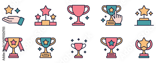 WebCelebrate achievement and success with a vibrant collection of modern trophy and award icons, perfect for recognizing outstanding performance and reaching goals in business and sports.