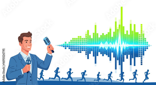 Corporate presentation with soundwave and runners depicting growth and motivation in business or