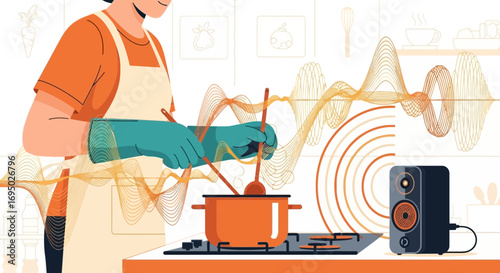 Cooking with rhythm: a person listening to music while preparing food in the kitchen setting