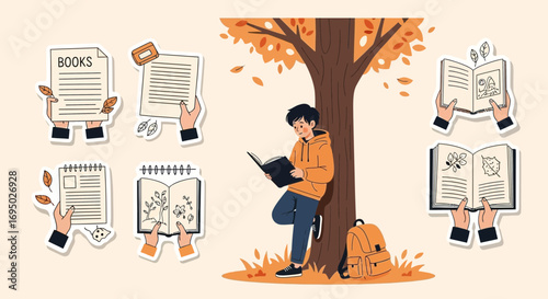 Cozy Autumn Reading: A student embraces learning beneath a vibrant autumn tree setting