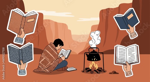 Cozy desert camping scene featuring a man reading, a campfire, and floating books against a canyon