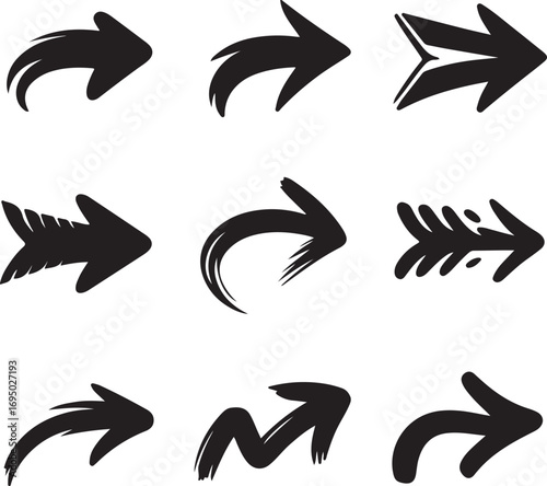 Set of nine hand-drawn black arrow icons with a brush stroke texture. Vector illustration of various pointer shapes for graphic design elements