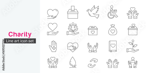 Charity icon set. Funding, nonprofit, donation, charity, fundraising , volunteering icons, help, giving, community icon line art style design