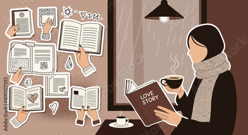 Cozy rainy day with books, coffee, and a love story for a relaxing and peaceful moment