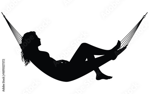 WebRelaxed woman enjoying peaceful moment, suspended in a comfortable hammock, embodying serene leisure and ultimate vacation bliss