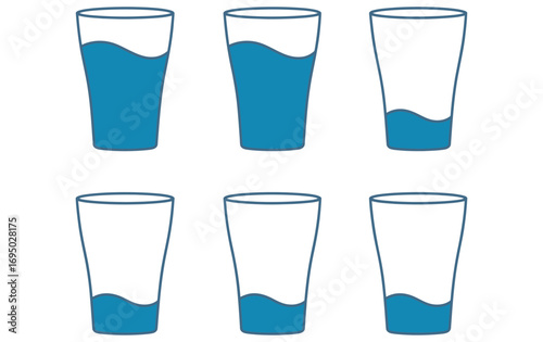 WebDiverse glasses showcase varying levels of blue liquid, illustrating concepts of fullness, emptiness, and progress in a clean, modern graphic style, perfect for educational or informational use.