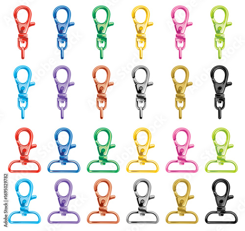 レバー付きナスカン12色カラーバリエーションセット｜推し活・グッズ用パーツベクター(Lever snap hook 12 color variations set vector — colorful keychain clips for fan merch & events)