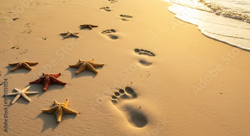 Footprints and starfish on sandy beach illuminated by sunlight