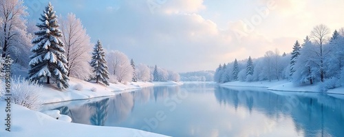 Serene winter landscape, snow-covered trees and frozen lake reflecting a pale winter sky  Perfect for winter wonderland, holiday, or nature themes ,  magical,  beautiful