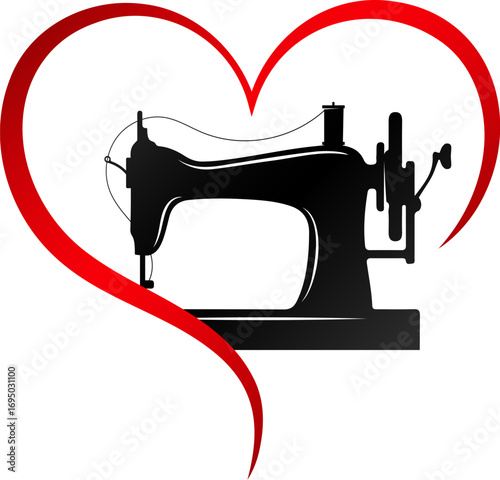 Red heart symbol and sewing machine, symbol for sewing and cutting