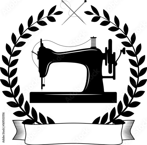 Hand sewing machine, wreath of leaves and ribbon. Coat of arms for sewing