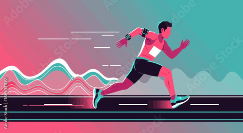 Dynamic Illustration of a Man Running with Fitness Gadgets on Abstract Background