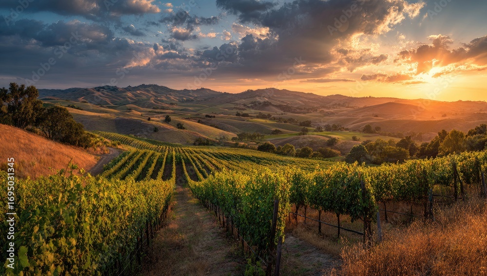 Fototapeta premium Vineyards at sunset, rolling hills
