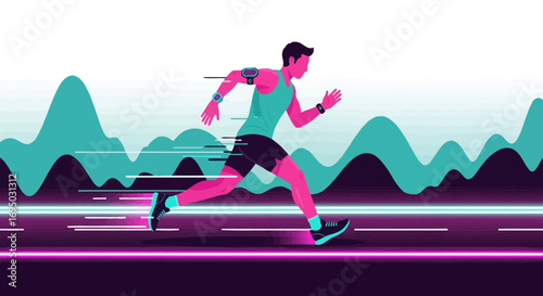 Dynamic Runner Illustration with Wearable Technology and Abstract Background Artwork