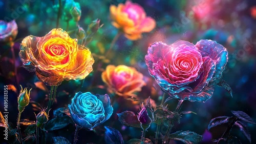 Abstract depiction of colorful glowing roses in a mystical setting