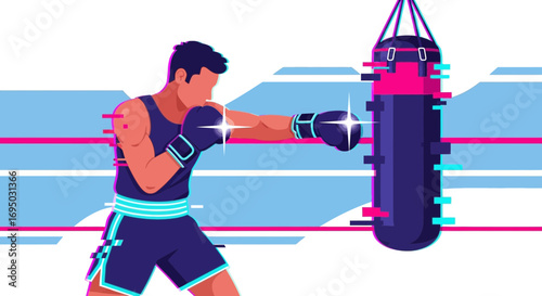 Dynamic vector illustration of a boxer training with a punching bag in a vibrant and modern style