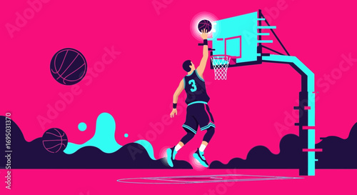 Dynamic vector illustration featuring a basketball player performing a slam dunk with vibrant