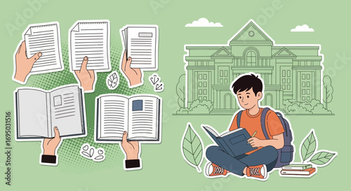 Educational illustration featuring student with books and university building background design