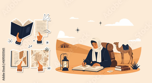 Educational journey in the desert, illustrating a scene of learning and discovery amidst nature