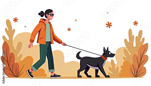 Stylized illustration of a blind woman walking with a black guide dog in a vibrant environment with autumn themes