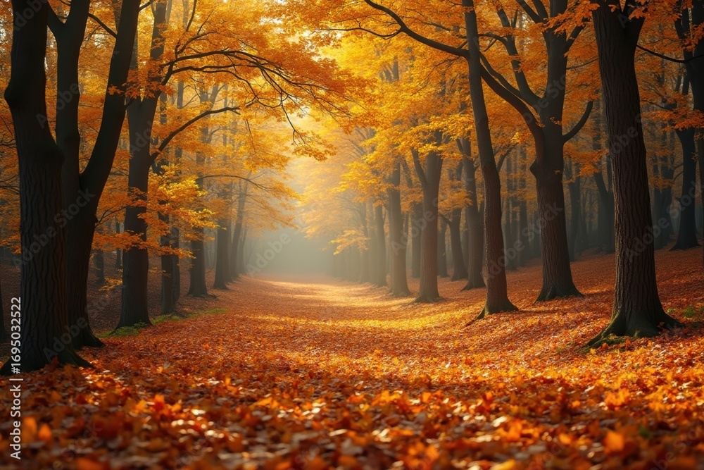 Fototapeta premium Golden autumn forest path bathed in warm sunlight