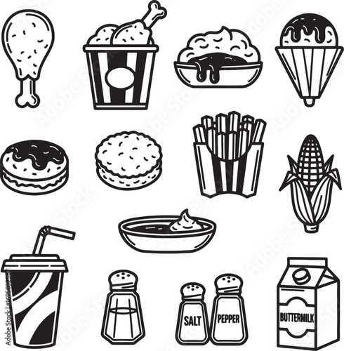 Fried Chicken and Fast Food Icons Set Vector Illustration of Southern Comfort Food Line Art Icons of Fried Chicken Dinner Essentials