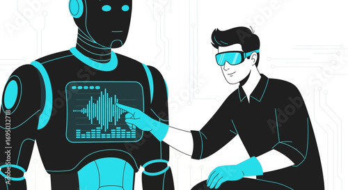 Engineer interacting with robot displaying waveform data interface on its chest screen