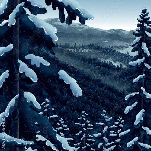 Winter landscape in the mountains flat illustration