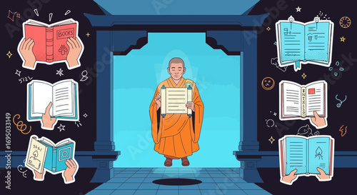Enlightenment through reading a monk stands amidst books delving into knowledge and wisdom