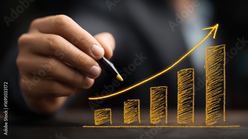 Businessman Brainstorming Economic Growth Strategy with Bar Graph, Table, and Marker Ideal for Business Presentations, Inspiring Creativity in Strategic Planning.