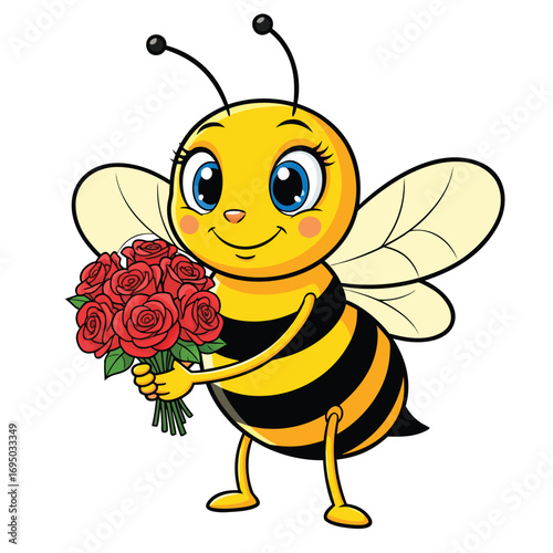 Cute Bumblebee Holding a Bouquet of Red Roses