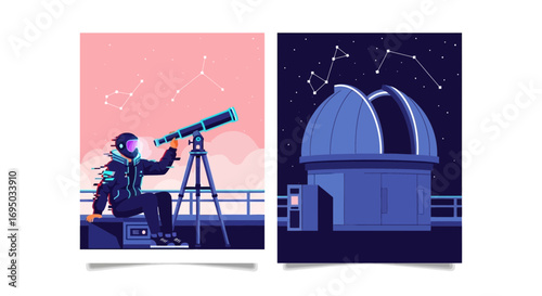 Exploring the cosmos two captivating astronomical scenes telescope and observatory in view