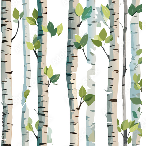 Birch trees with branches, watercolor seamless pattern. 