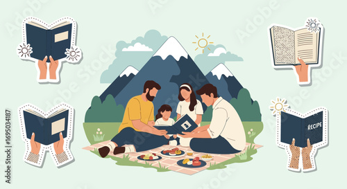 Family enjoying a picnic with books and mountain backdrop, promotes reading and outdoor lifestyle