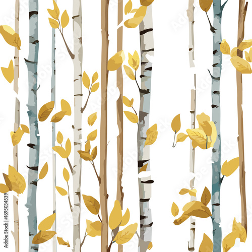 Birch trees with branches, watercolor seamless pattern. 