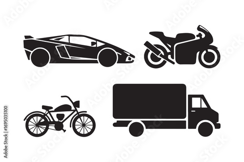 Silhouettes of a sports car motorcycle bicycle and truck