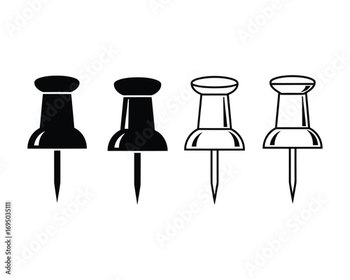 Four push pins in black and white isolated on white background