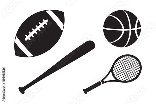 Collection of sports equipment icons for american football basketball baseball and tennis