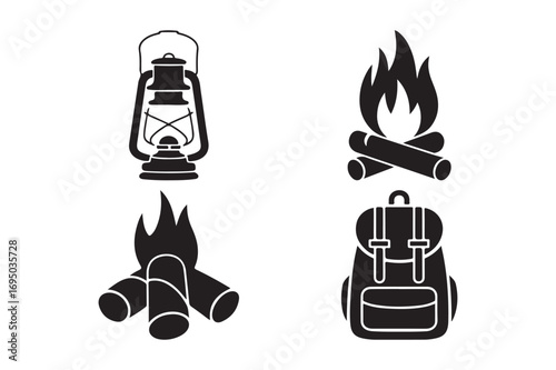 Camping icons lantern campfire backpack and firewood set