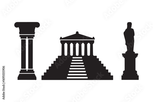 Ancient greek architectural elements and statue silhouette
