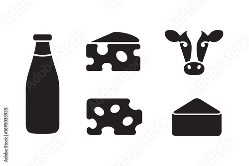 Black and white icons of dairy products and a cow face