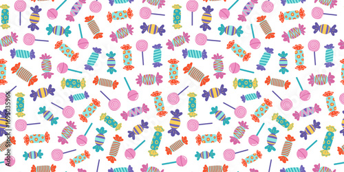 Pattern, sweets. Candies in wrappers, lollipops, caramel, chocolate dessert. The sweetest day. Food, sweets. Confectionery. Holiday decor. Seamless background.