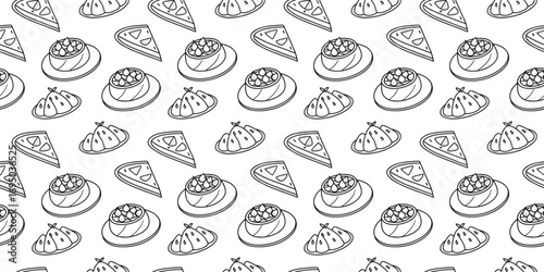 Seamless food pattern with pizza slices, dumplings, and noodles in hand drawn doodle style. Perfect for packaging, menus, backgrounds, and restaurant branding designs. Fun black outline vector repeat 