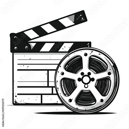 Film Industry Elements - Clapperboard and Film Reel Illustration.